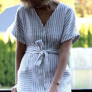 Striped V-Neck Belted Dress
